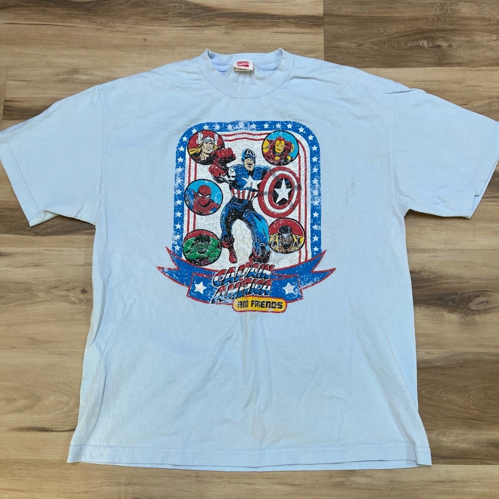 Marvel Captain America T-Shirt XL Avengers Graphic Cotton Blue 2000s Vintage